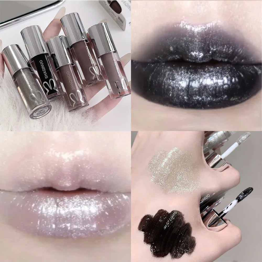 Black Rabbit Gothic Silver Metallic Lip Gloss Black Mirror Light Translucent Lip Lacquer Non-Sticky Water Gloss Lips Tint Makeup