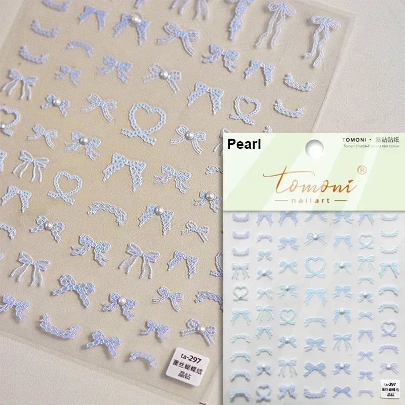 French Leopard Print Bowknot Lace Ribbon Rhinestone Pearl Bow Tie Simple White Black Nail Art Stickers Decoration Manicure Decal