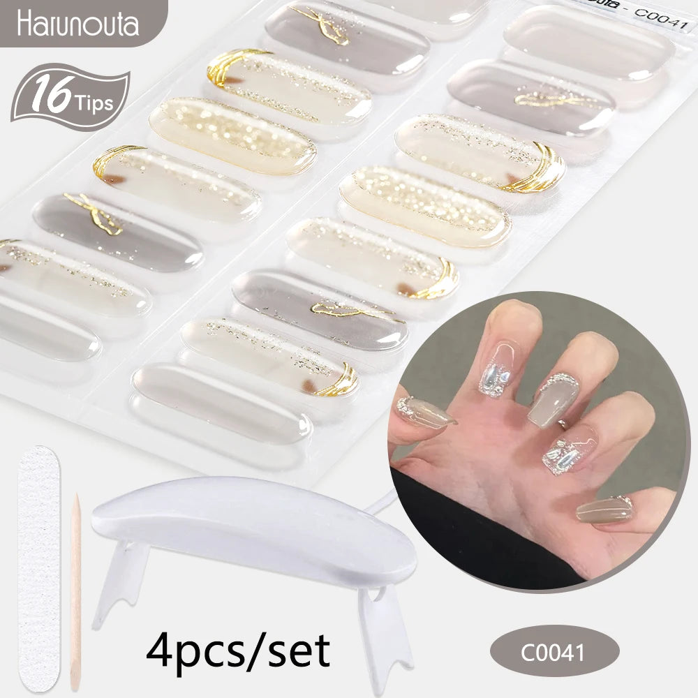 Harunouta 4pcs/set Gradient Jelly Semi Cured Gel Nail Strips with Nail Lamp Nude Pink Waterproof Nail Stickers Long Lasting Wrap