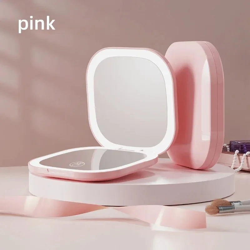 Portable LED Travel Makeup Mirror with 2X Magnification and Three Level Dimming - Double Sided, Handheld, Compact and Folding