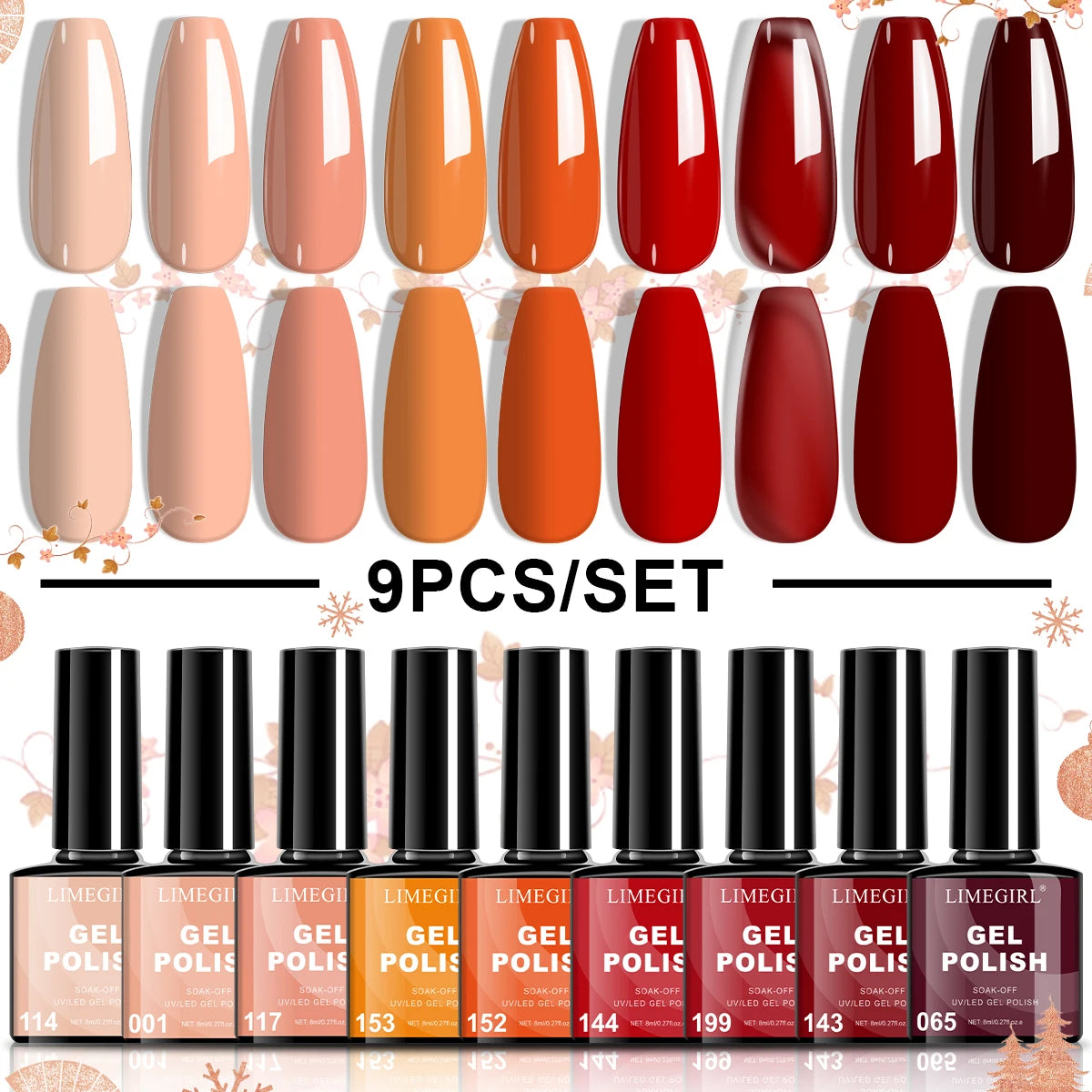 LIMEGIRL 9 Color Gel Nail Polish Set Macaron Color UV LED Soaking Semi-Permanent Gel Varn for Beginners Nail Art Design Gel Kit