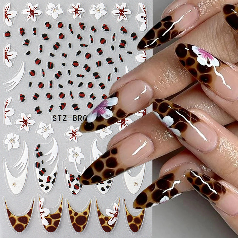 Cheetah French Nails Stickers Flowers Leopard Self-Adhesive Decals Holographic Slider Manicure Art Supplies And Decorations