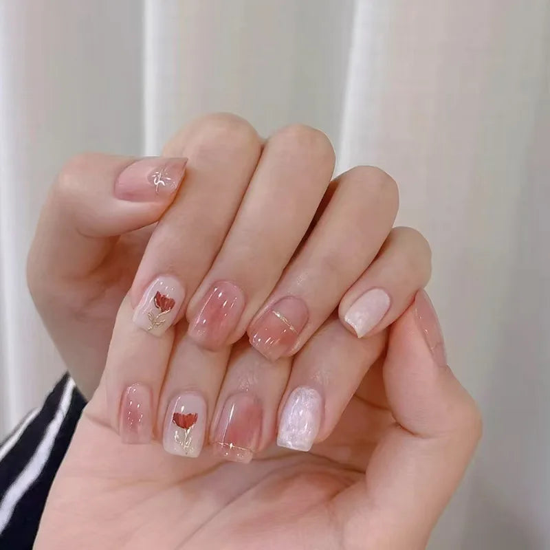 24Pcs Pink Cat Blue Love Cute Short Ballet Press on False Nails Sweet French Cat Eye Bow Star Designs Style Detachable Nails Set