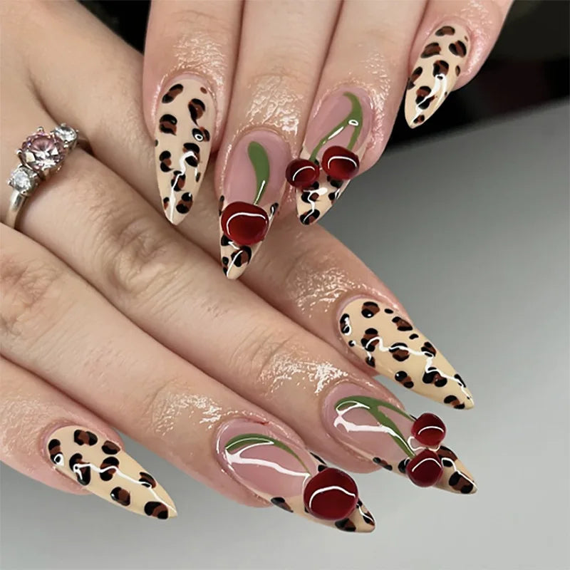 3D Bowknot Pearl Wearable Nail Art Fashion Leopard French Nude Almond Fake Nails Detachable Finished False Nails Press on Nails
