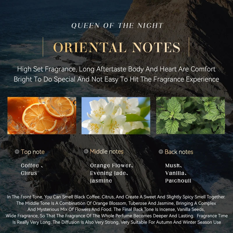 Midnight Queen Perfume 100ml Elegant Oriental Fragrance with Coffee Citrus Tuberose Jasmine Musk and Vanilla for Women