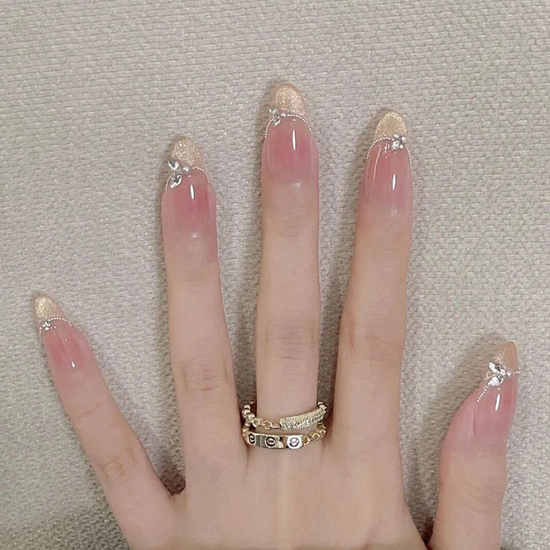 24Pcs Short Oval Head Blush Pink Press on Nails with Simple Designs Almond Nails Wearable Acrylic Full Cover Nail Tips with Glue