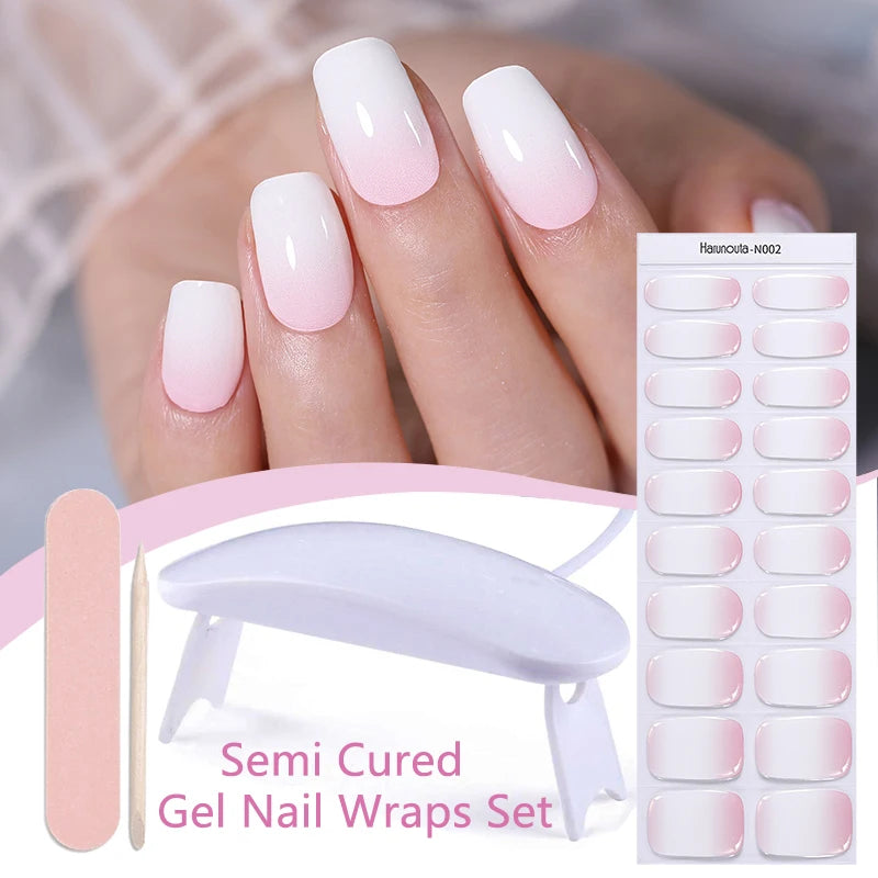 Harunouta 4pcs/set Gradient Jelly Semi Cured Gel Nail Strips with Nail Lamp Nude Pink Waterproof Nail Stickers Long Lasting Wrap