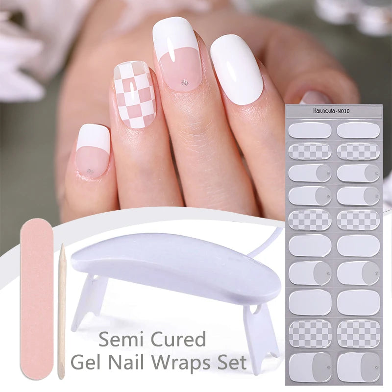 Harunouta 4pcs/set Gradient Jelly Semi Cured Gel Nail Strips with Nail Lamp Nude Pink Waterproof Nail Stickers Long Lasting Wrap