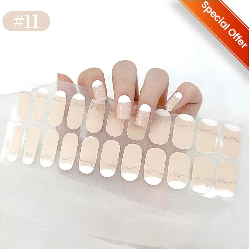 20Tips Gradient French Semi-cured Gel Nail Sticker UV Lamp Needed Full Cover Nail Gel Polish Wraps Manicure Press on Nails Decal
