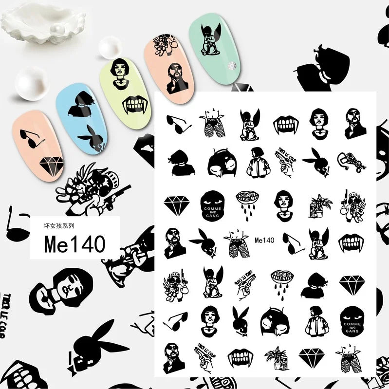 Nail Art Stickers Woman Girl Sexy Sticker Body Press on Nail Slider Black White Decal Decoration Nail Design Accessories Wraps