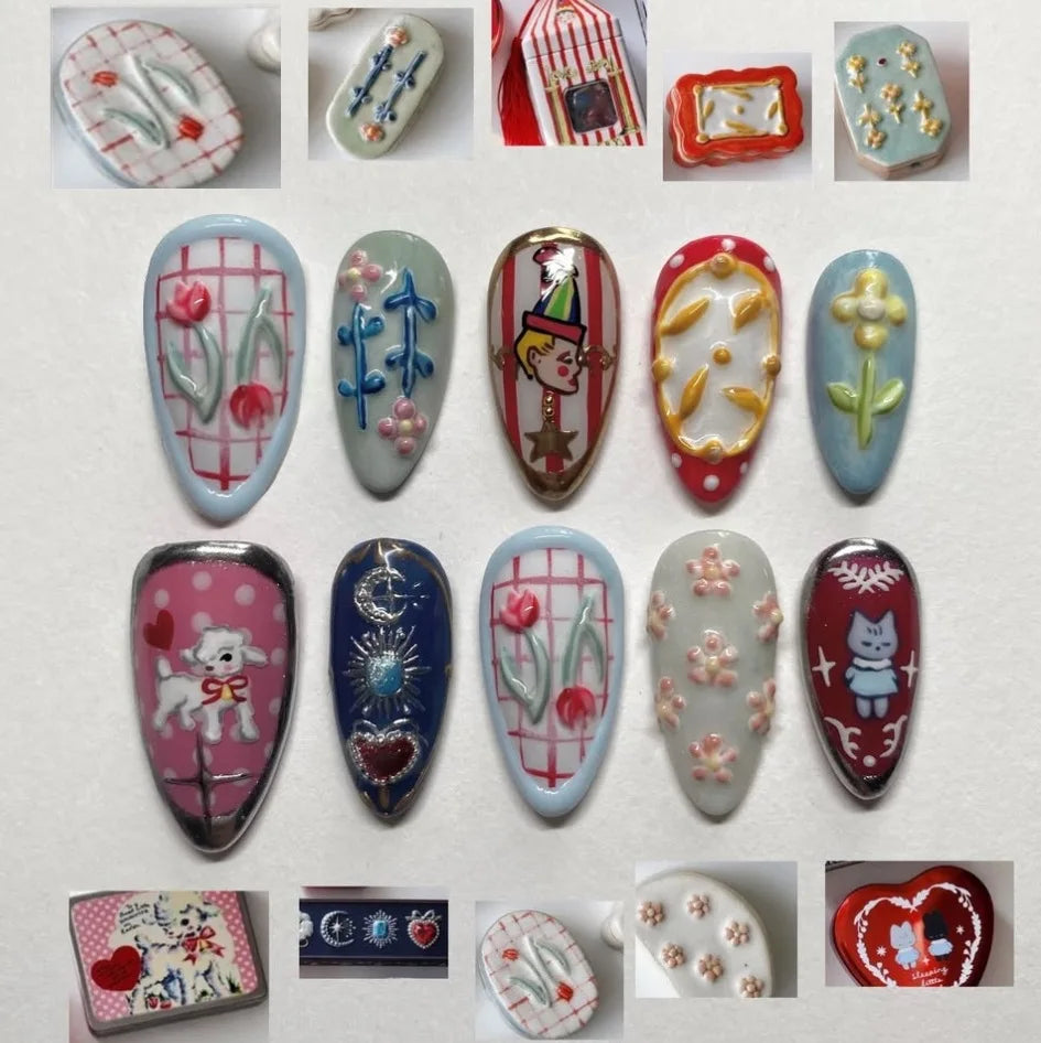 24pcs Flower Print Press on Nails Wine Red Blush Almond False Nail Tips Wearable Reusable Summer Spicy Girl Fake Nails