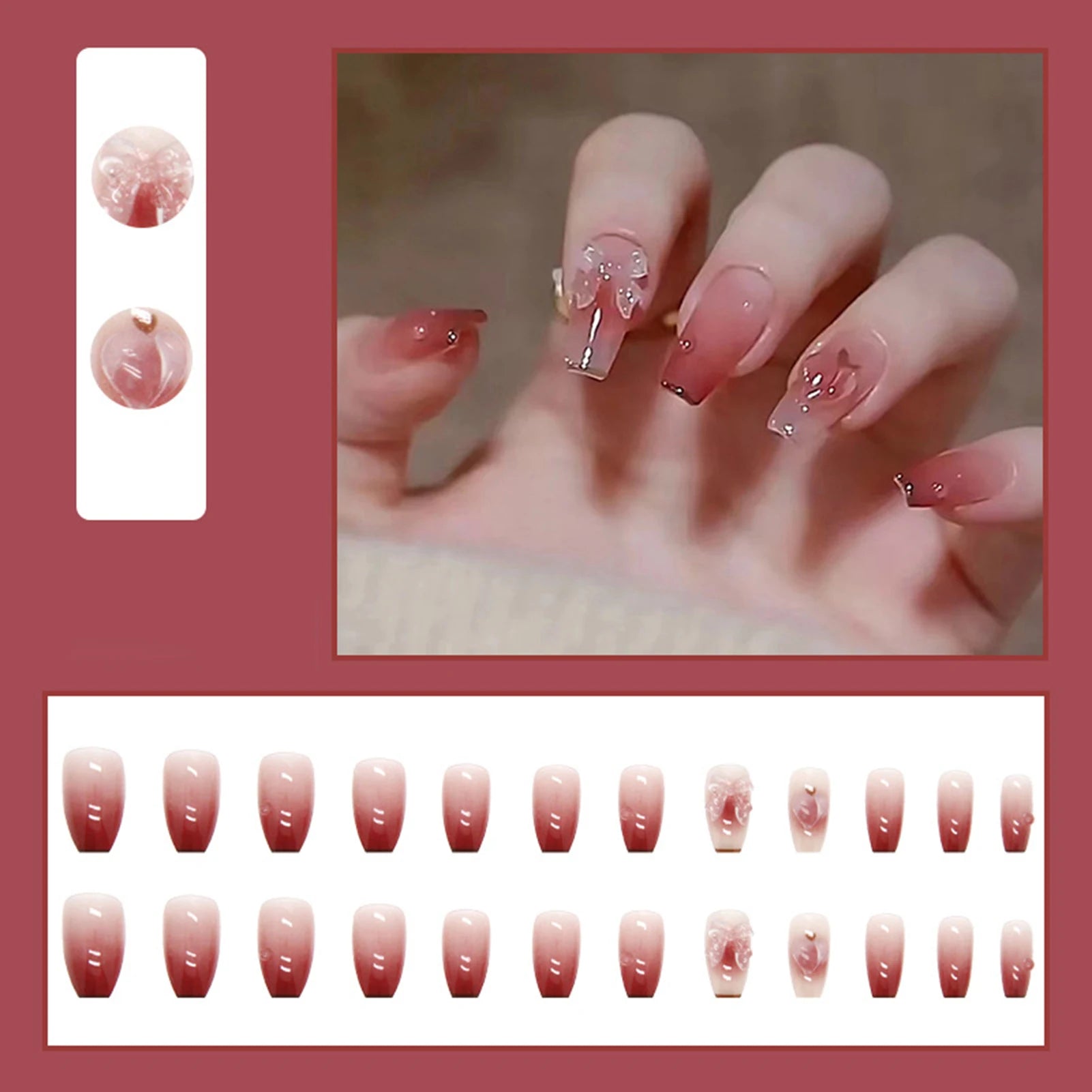24pcs Chromic Heart Peach Bowknot 3D False Nails Gradient Pink Color Changing Press On Nails Sweet Pink for Women Girls