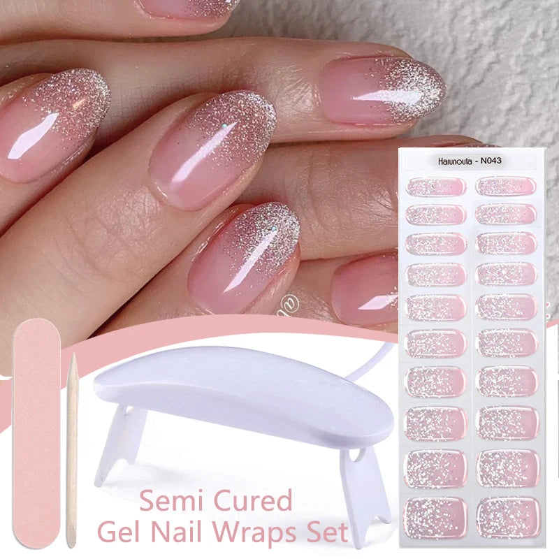 Harunouta 4pcs/set Gradient Jelly Semi Cured Gel Nail Strips with Nail Lamp Nude Pink Waterproof Nail Stickers Long Lasting Wrap
