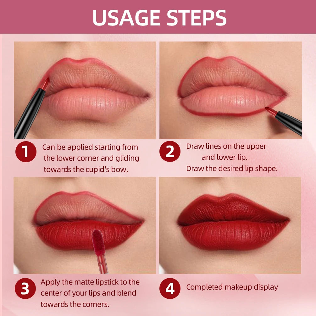 2 In 1 Double-end Lipgloss Lipliner Moisturizing Lipgloss Waterproof Long Lasting Matte Lip Liner Pen Makeup Lipliner 6 Colors