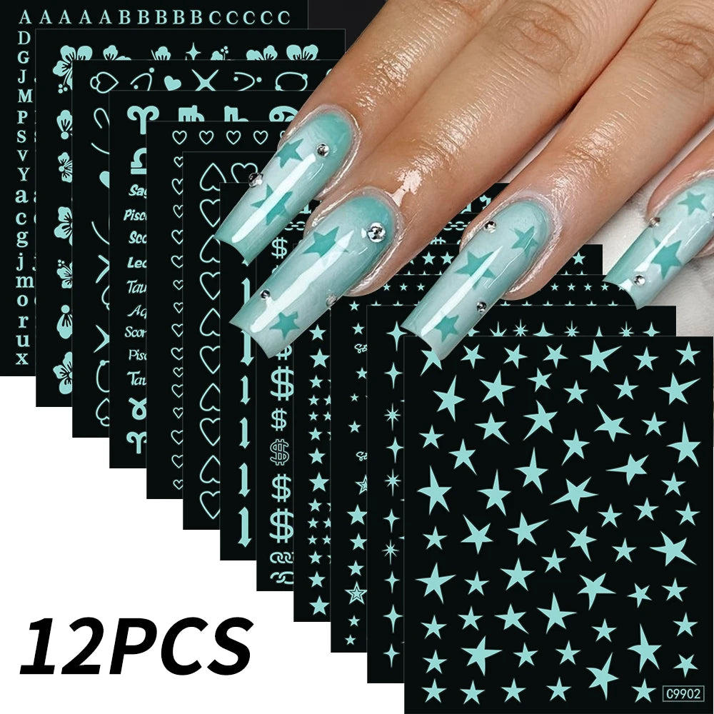 12pcs Bronzing Laser Star Nail Stickers 3D Alphabet/Heart/Flower Nail Art Self-Adhesive Sliders DIY Gradient Manicure Y2K Decals