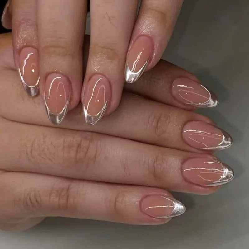 24Pcs Short Oval Head Blush Pink Press on Nails with Simple Designs Almond Nails Wearable Acrylic Full Cover Nail Tips with Glue