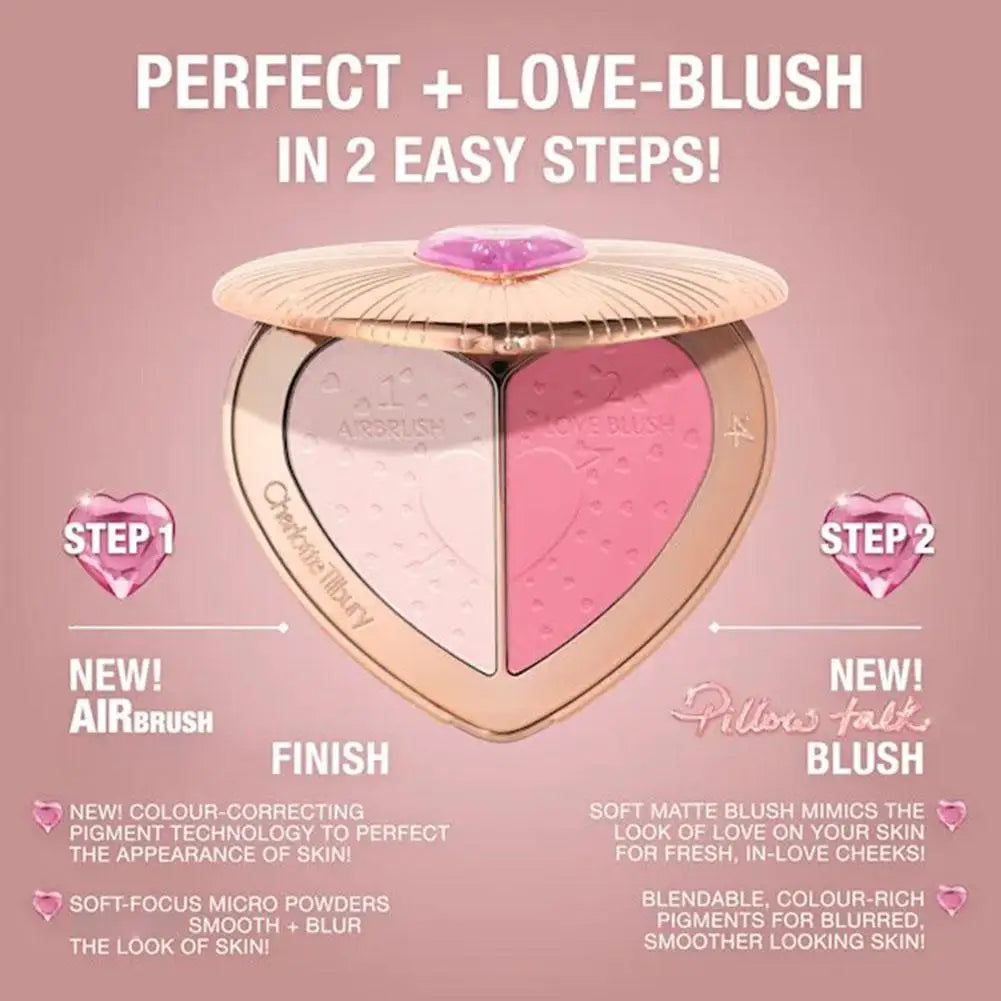 C/T Two Tone Heart Blush Lasting Beauty Makeup Natural Flawless Bright Powder Smooth Look Multi Purpose Rouge 13g