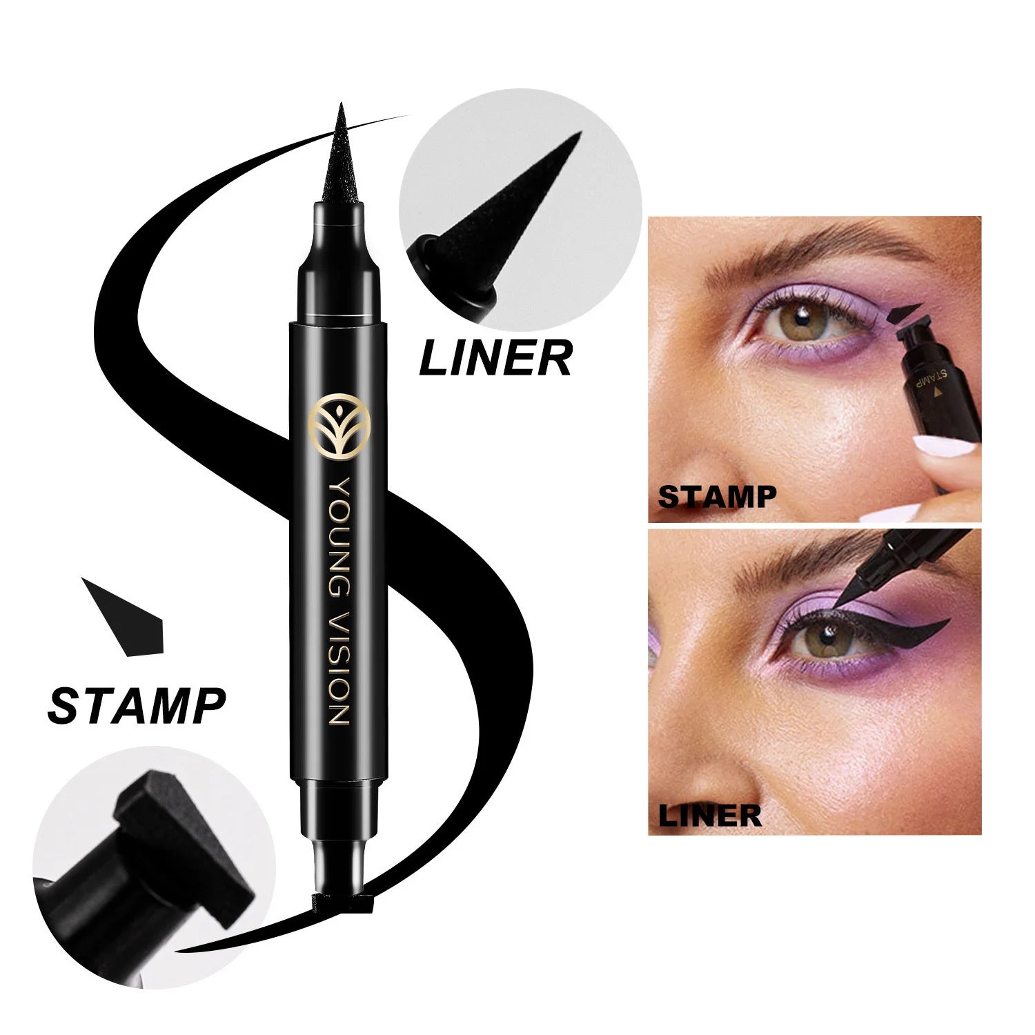 Dual-Ended Stamp Eyeliner Pen, 2-in-1 Waterproof and Smudge-Proof Black Eyeliner with Triangular Tip, Long-Lasting Precision