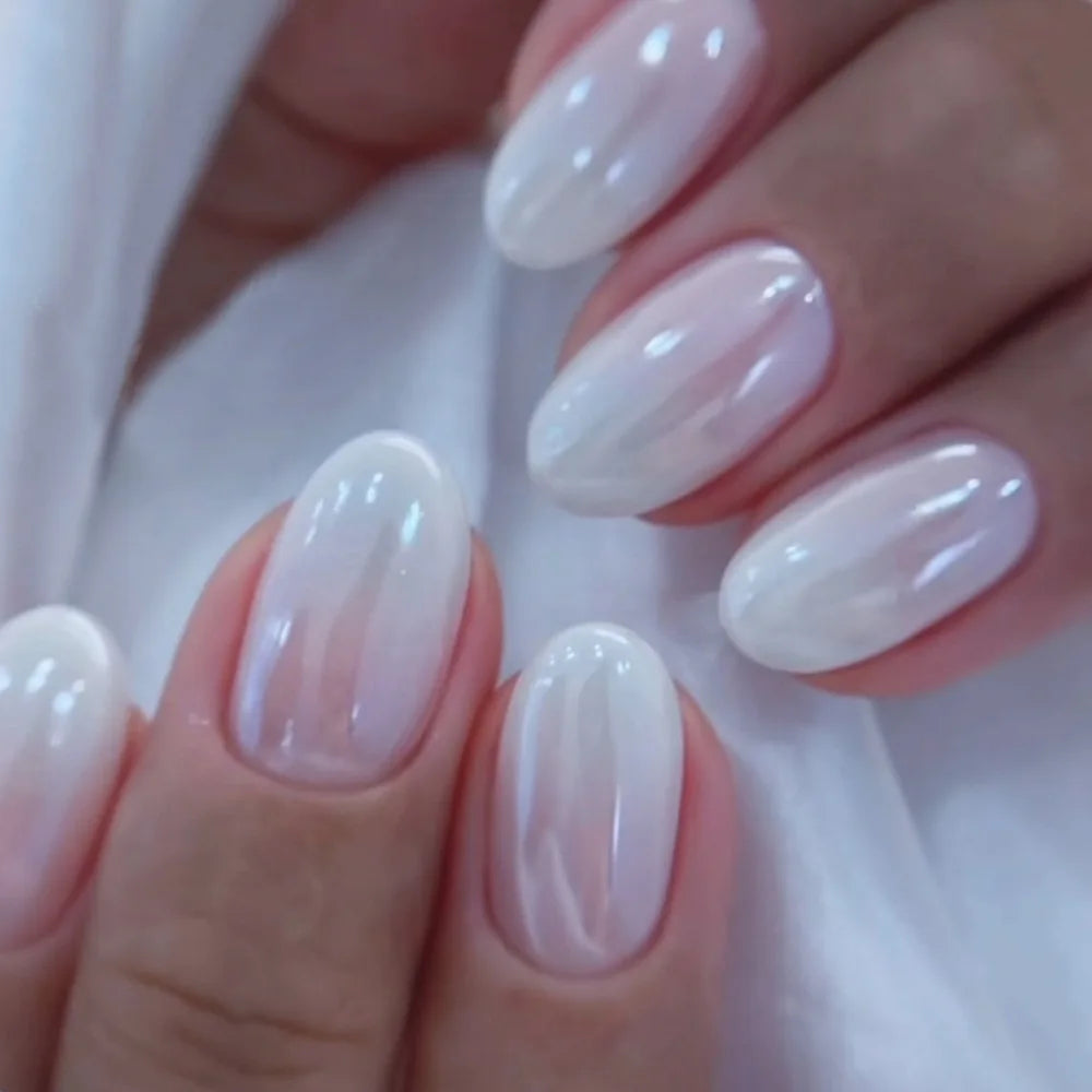 24Pcs Short Oval Head Blush Pink Press on Nails with Simple Designs Almond Nails Wearable Acrylic Full Cover Nail Tips with Glue