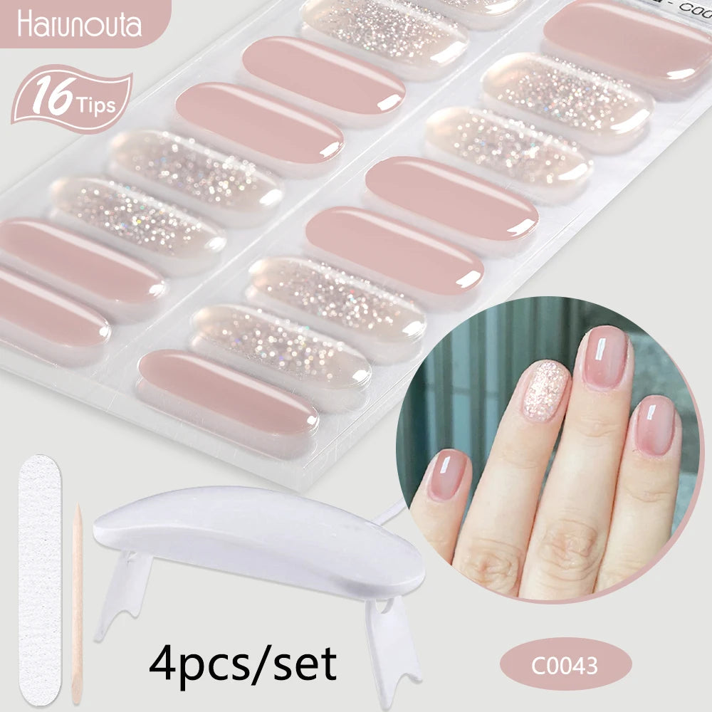 Harunouta 4pcs/set Gradient Jelly Semi Cured Gel Nail Strips with Nail Lamp Nude Pink Waterproof Nail Stickers Long Lasting Wrap