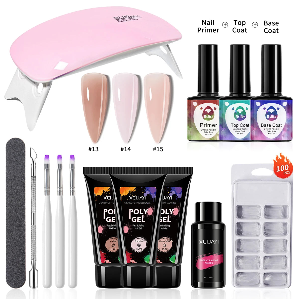 3pcs 15ml Poly Nail Gel Full Set For Extention Gel Polish Steal Push, Base And Top Coat, Cleaning Water And Nail Mold Kit Set