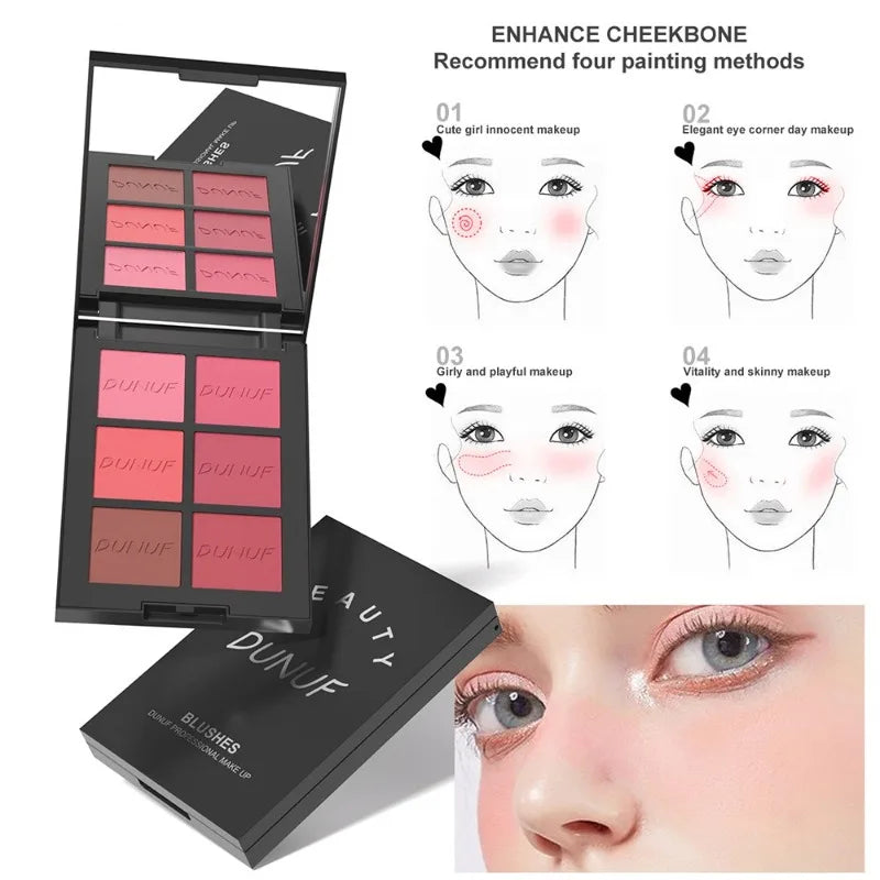 6-color Blush Palette, Highlighter Contour Bronzing Powder Makeup, Natural Long-lasting, High Pigment, Daily Multi-color Makeup