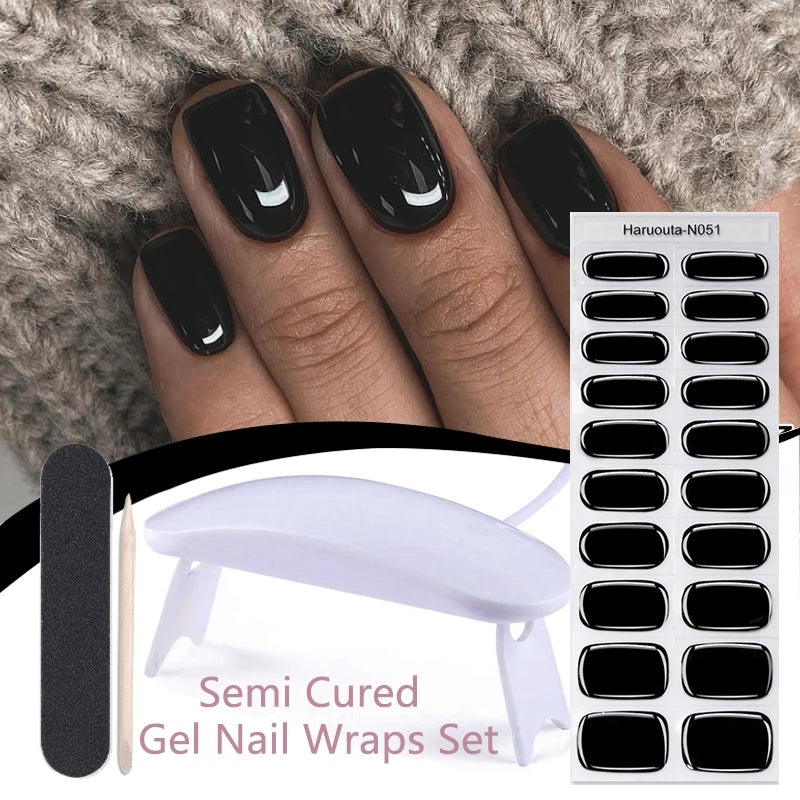 Harunouta 4pcs/set Gradient Jelly Semi Cured Gel Nail Strips with Nail Lamp Nude Pink Waterproof Nail Stickers Long Lasting Wrap
