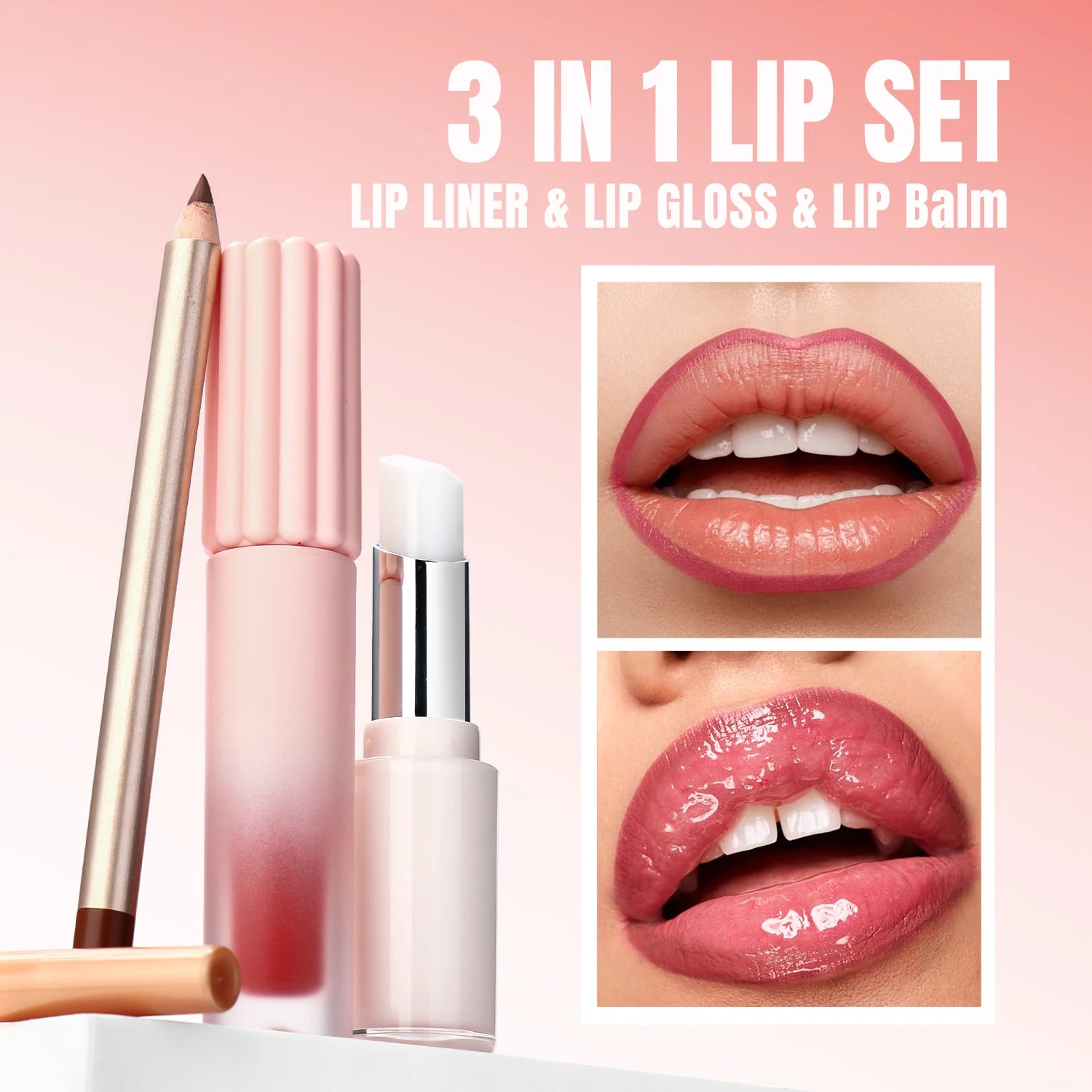 Lip Makeup Kit Private Label Lip Gloss Pencil Liner Balm Matte Glossy Lipgloss Set Wholesale 3 in 1 Gift Box
