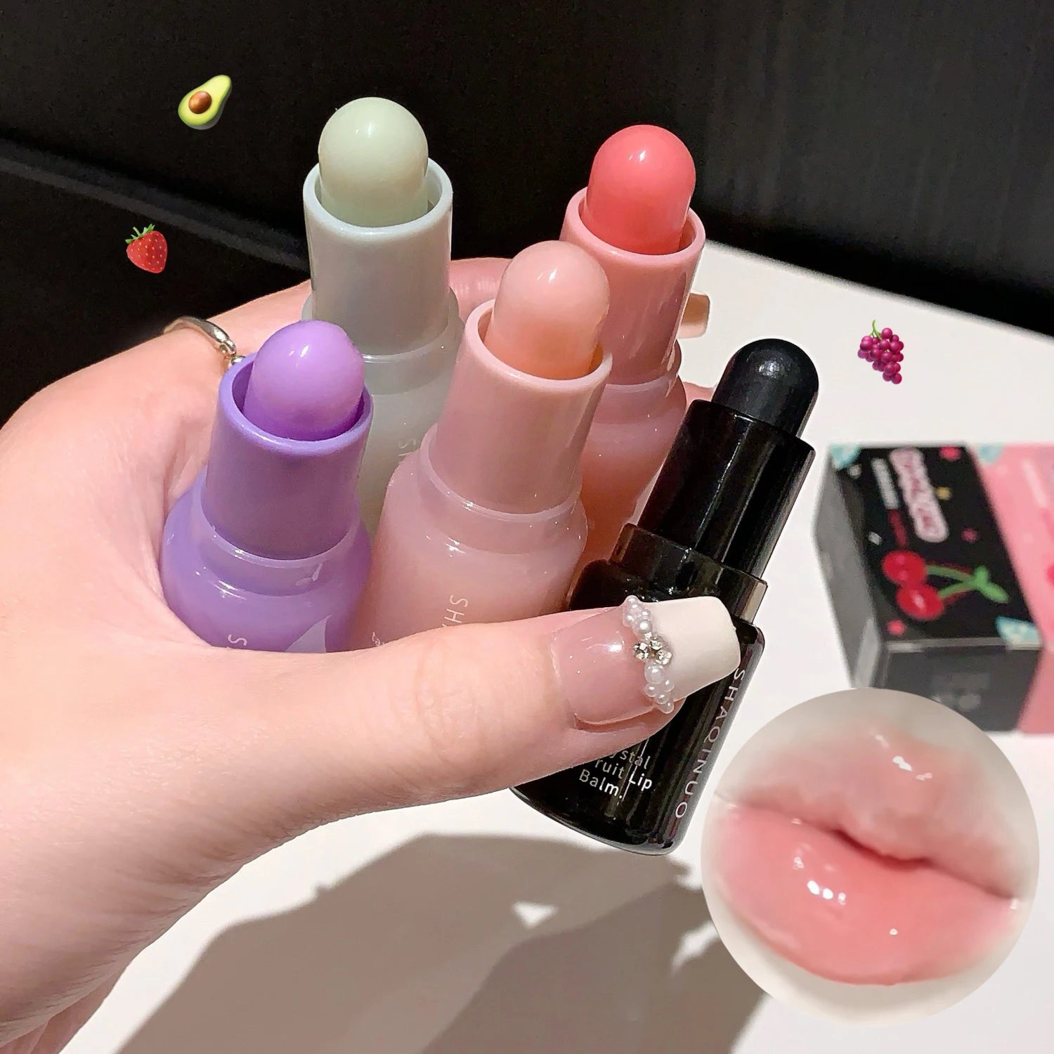Crystal Strawberry Lip Balm Moisturizing Hydrating Lips Mask Stick Reduce Lip Lines Key Chain for Lip Care Change Color Lipstick