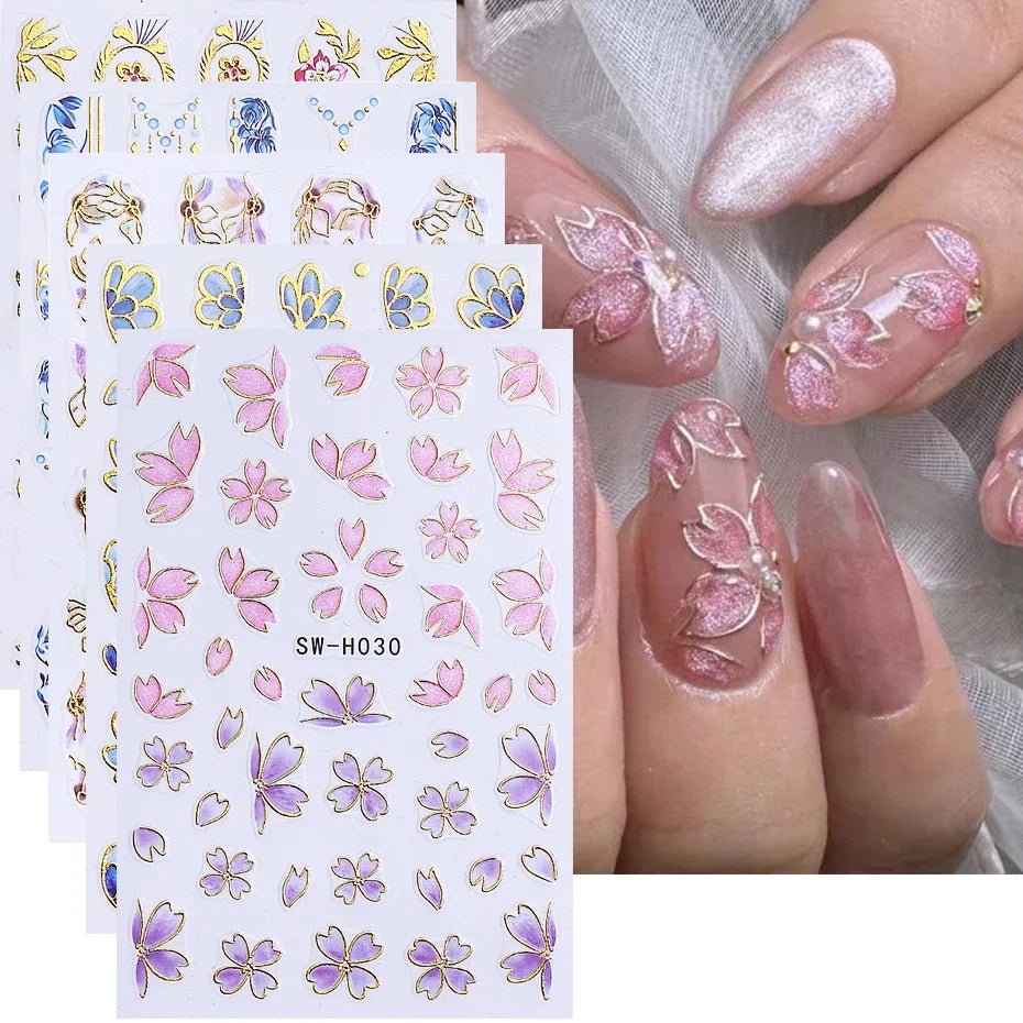 5pcs Metallic Gold Line Flower Nail Stickers 3D Bronzing Border Petals Sakura Leaf Nail Decals Slider DIY Elegant Manicure Decor