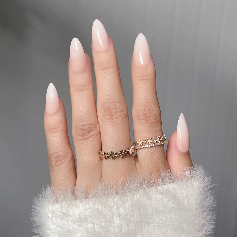24Pcs Short Oval Head Blush Pink Press on Nails with Simple Designs Almond Nails Wearable Acrylic Full Cover Nail Tips with Glue