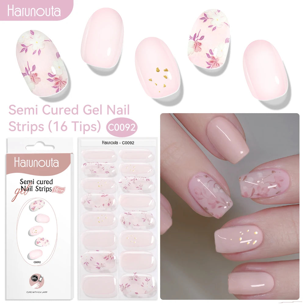 Harunouta 16strips Gradient Red Marble Gold Line Semi Cured Gel Nail Strips DIY Gel Polish Stickers for Nails Work with UV/LED