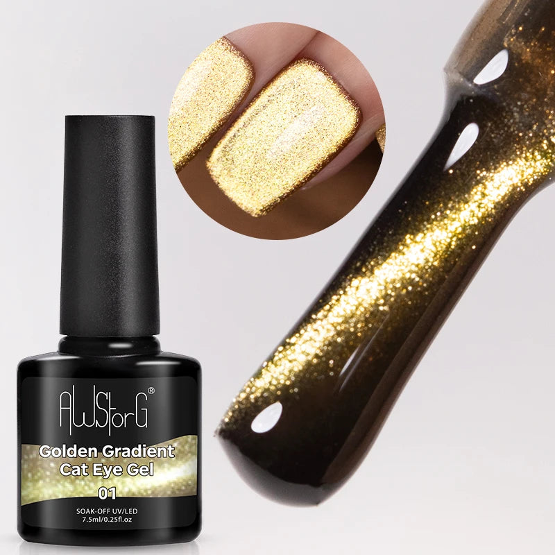 AWStorG 7.5ml Golden Gradient Cat Eye Nail Polish Gel Phototherapeutic Gel Soak Off Nail Magnetic Gel Polish Nail Art DlY