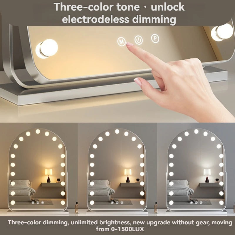 Large LED Desktop Makeup Mirror with Bulb, Smart Beauty Mirror, Rotatable Dressing Table Mirror