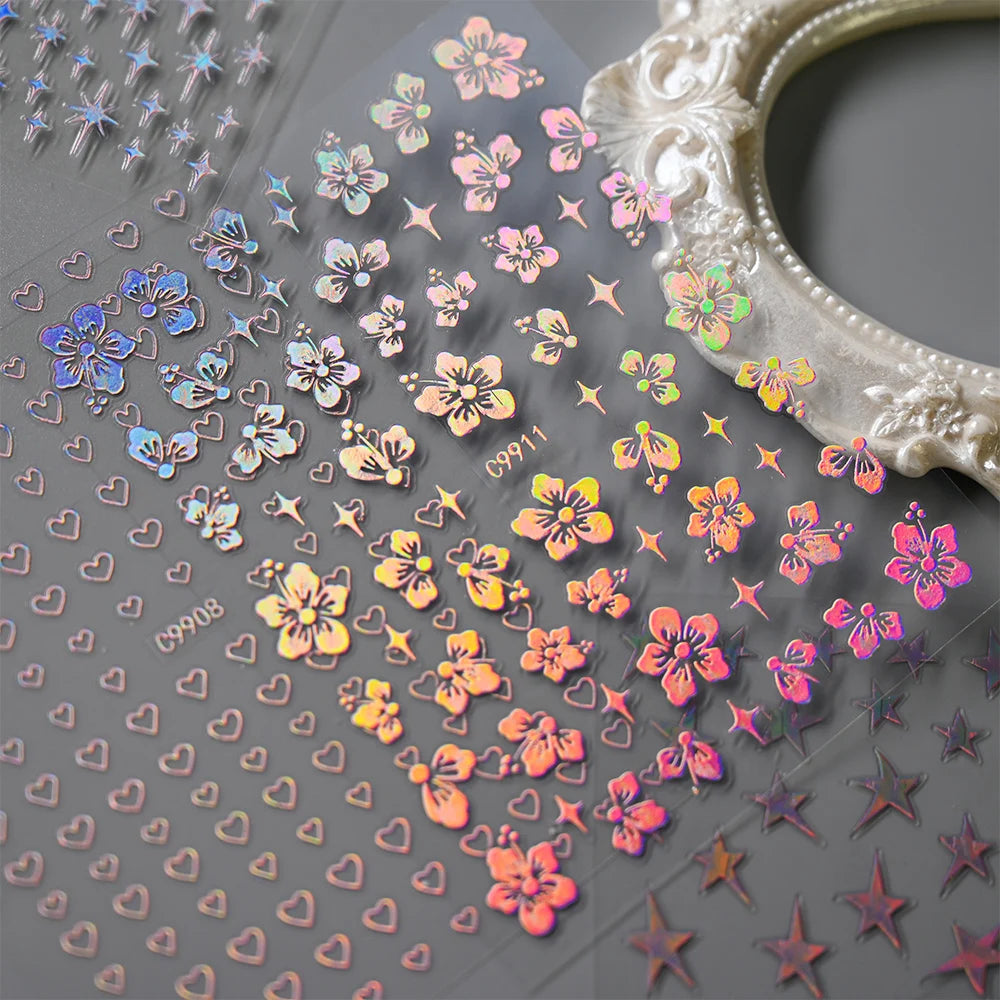 12pcs Bronzing Laser Star Nail Stickers 3D Alphabet/Heart/Flower Nail Art Self-Adhesive Sliders DIY Gradient Manicure Y2K Decals