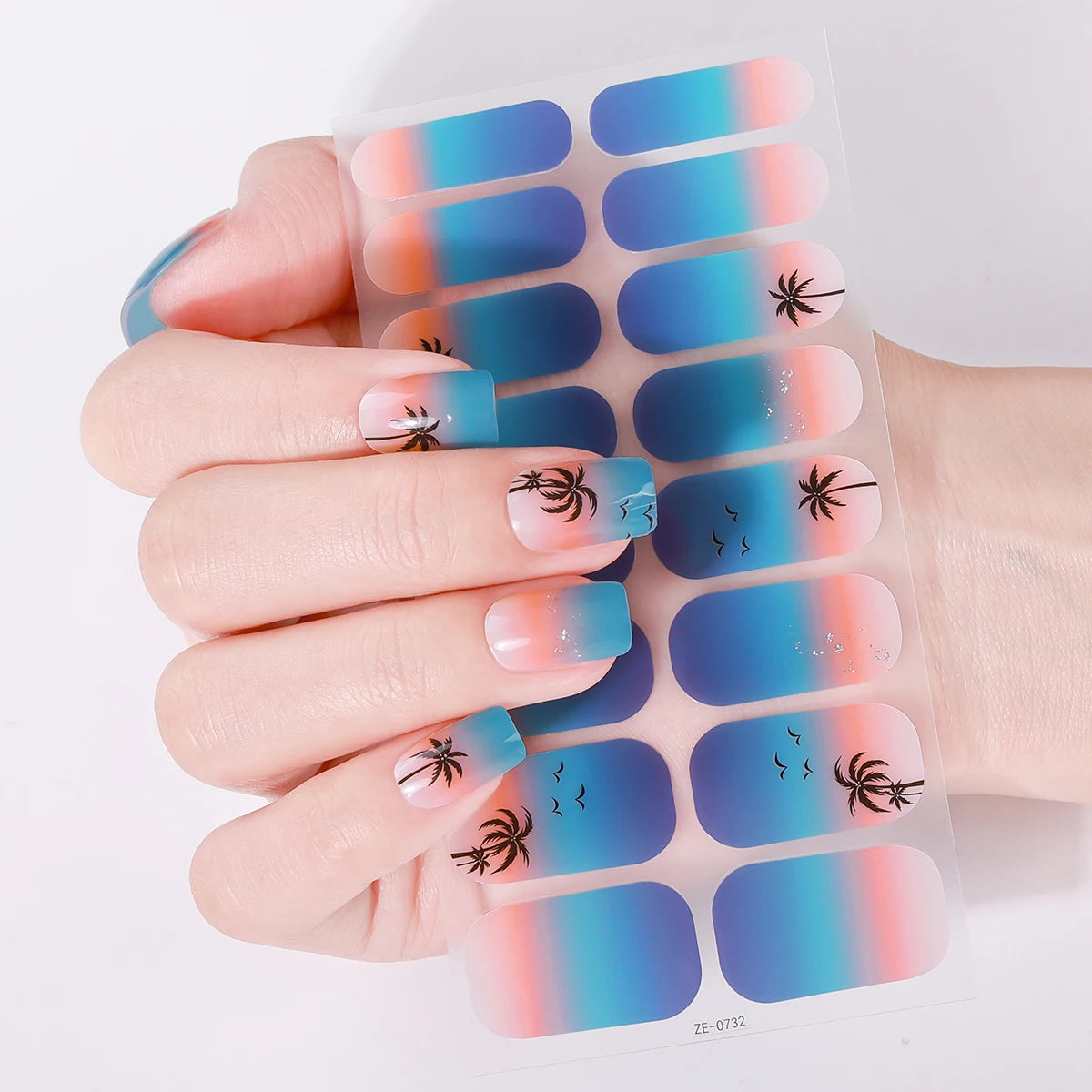 16Tips Full Cover Baking-Free Nail Polish Strips Summer Beach Coconut Tree Self-Adhesive DIY Nail Stickers Manicure Decoration