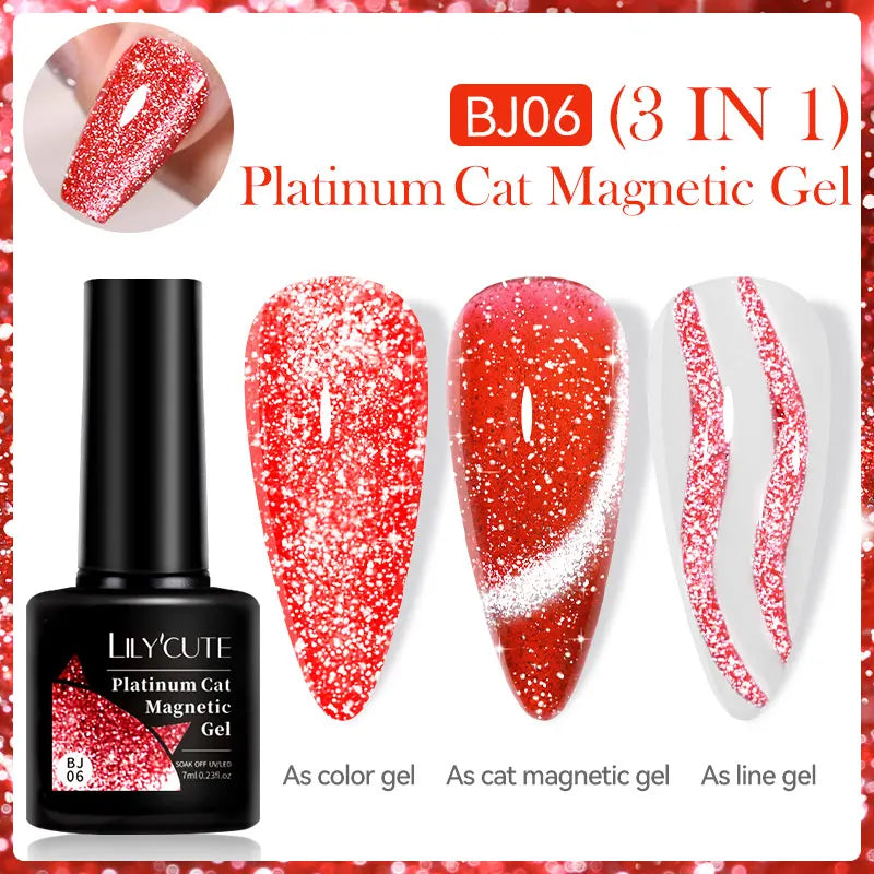 LILYCUTE 7ML 3 IN 1 Platinum Cat Magnetic Gel Nail Polish Silver Moonlight Magnetic Nail Sparkling Glitter Semi Permanent UV Gel