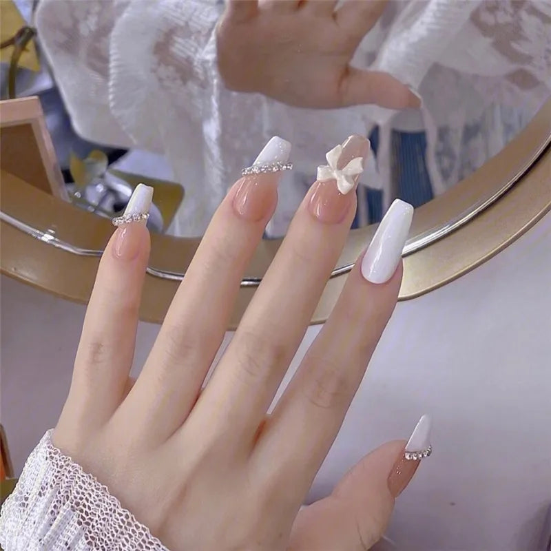 24PCS/1BOX  Dark Wind Gradient Long White Bow Nail Patch Fake Nails