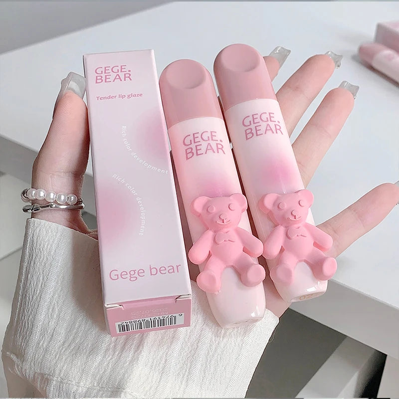 Cute Little Bear Lip Glaze Mist Face Matte Velvet Lipstick Holding Makeup Whitening Lip Cream Coloring Lip Color