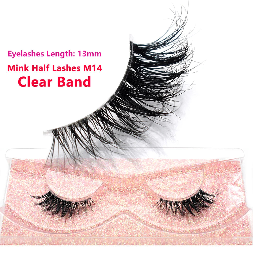 3D Mink Fluffy Half False Eyelashes Natural Soft Lightweight Clear Band Half Eye Strip Lashes Reusable Short Eyelashes Extension