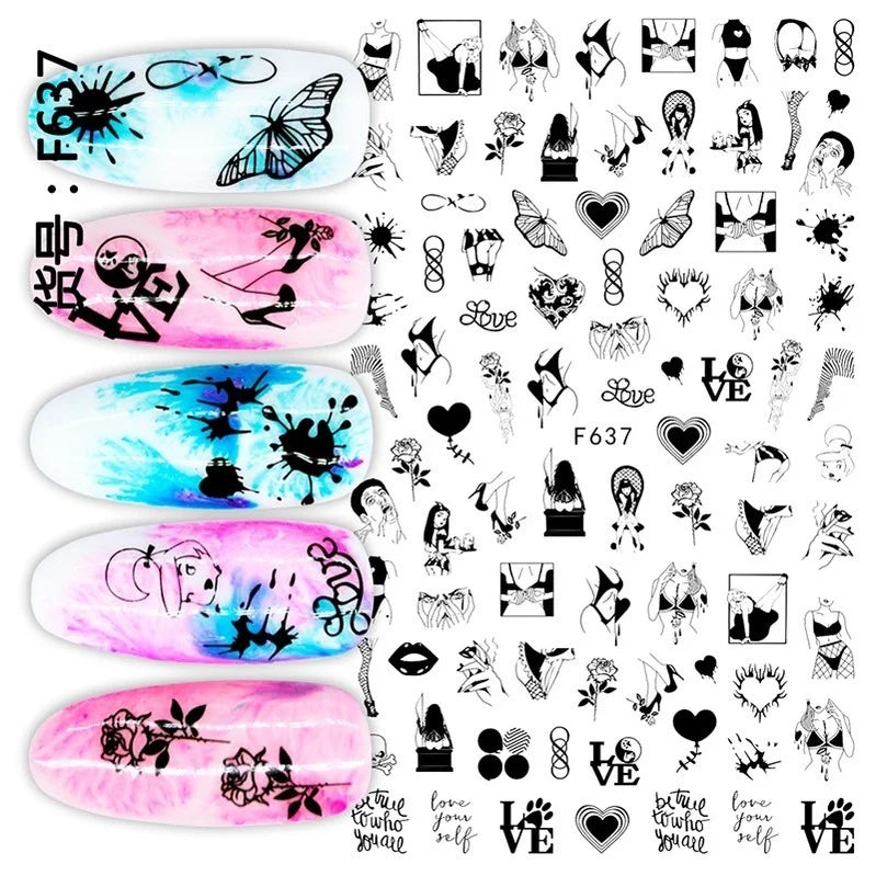 Nail Art Stickers Woman Girl Sexy Sticker Body Press on Nail Slider Black White Decal Decoration Nail Design Accessories Wraps