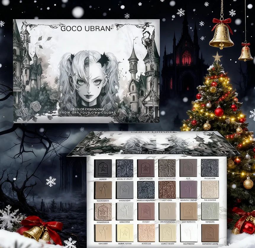 24-Color Dark Elf Eyeshadow Palette, Gothic Vampire Style Makeup Set, High-Pigment Shimmer/Glitter Eye Makeup, Christmas Gift