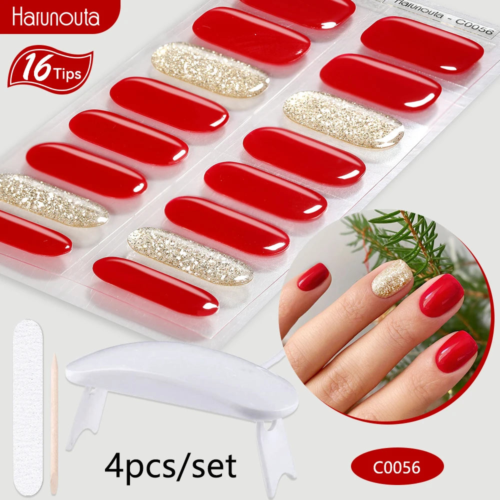 Harunouta 4pcs/set Gradient Jelly Semi Cured Gel Nail Strips with Nail Lamp Nude Pink Waterproof Nail Stickers Long Lasting Wrap