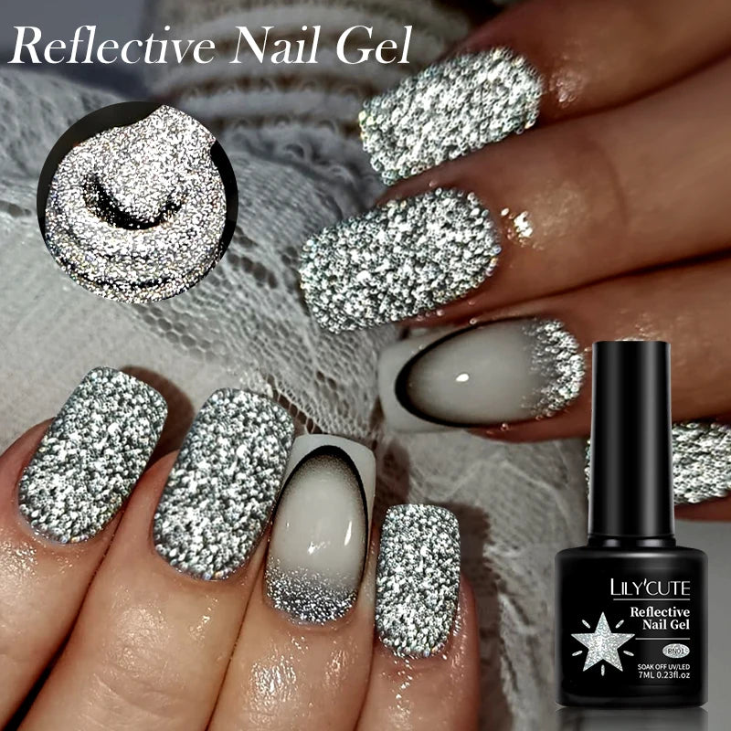 LILYCUTE 7ML Black Silver Red Reflective Glitter Gel Nail Polish Sparkling French Soak Off Long Lasting Manicure Nails Art Gel