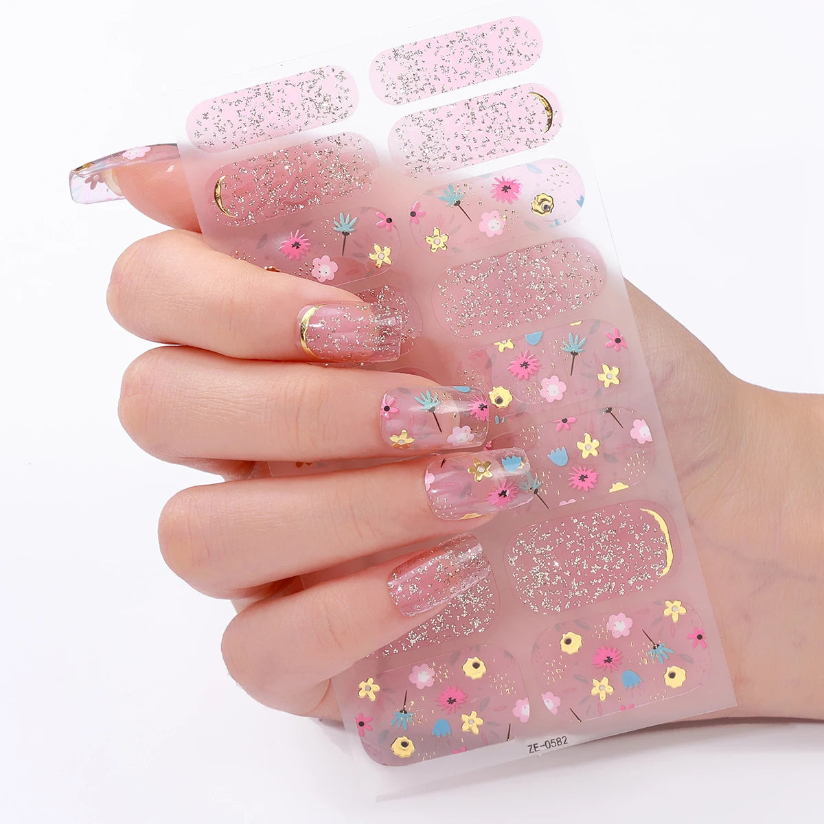 16tips DIY Baking-Free Nail Stickers Spring Summer Flowers Adhesive Nail Strips Patch Slider Full Cover Nail Decoration Decal