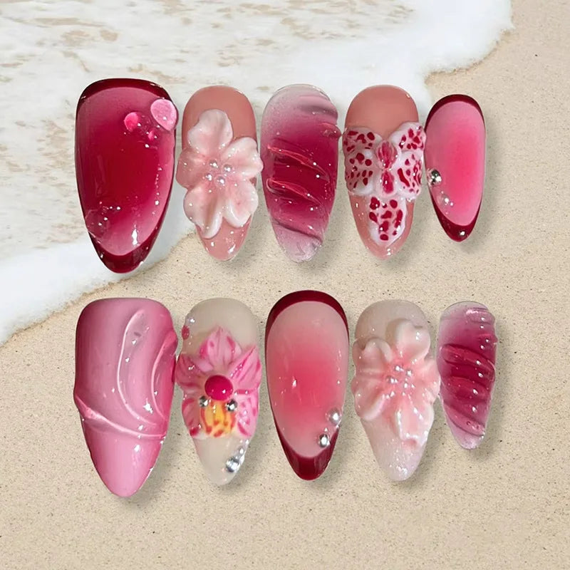 24Pcs 3D Strawberry Rabbit Flower Fake Nails Press on Mid-length Almond Wearable False Nails Green Gradient Pearl Manicure Tips