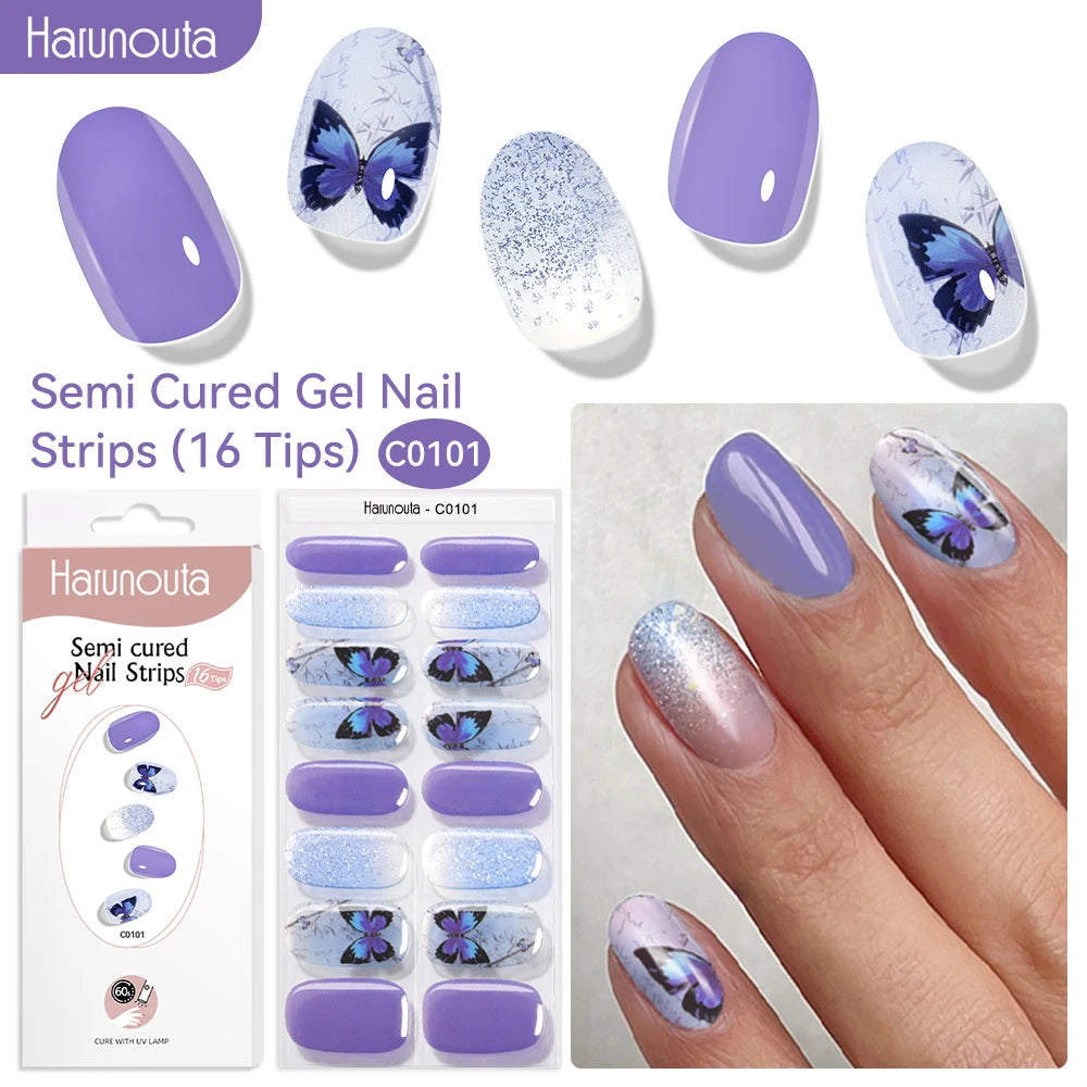 Harunouta 16strips Gradient Red Marble Gold Line Semi Cured Gel Nail Strips DIY Gel Polish Stickers for Nails Work with UV/LED