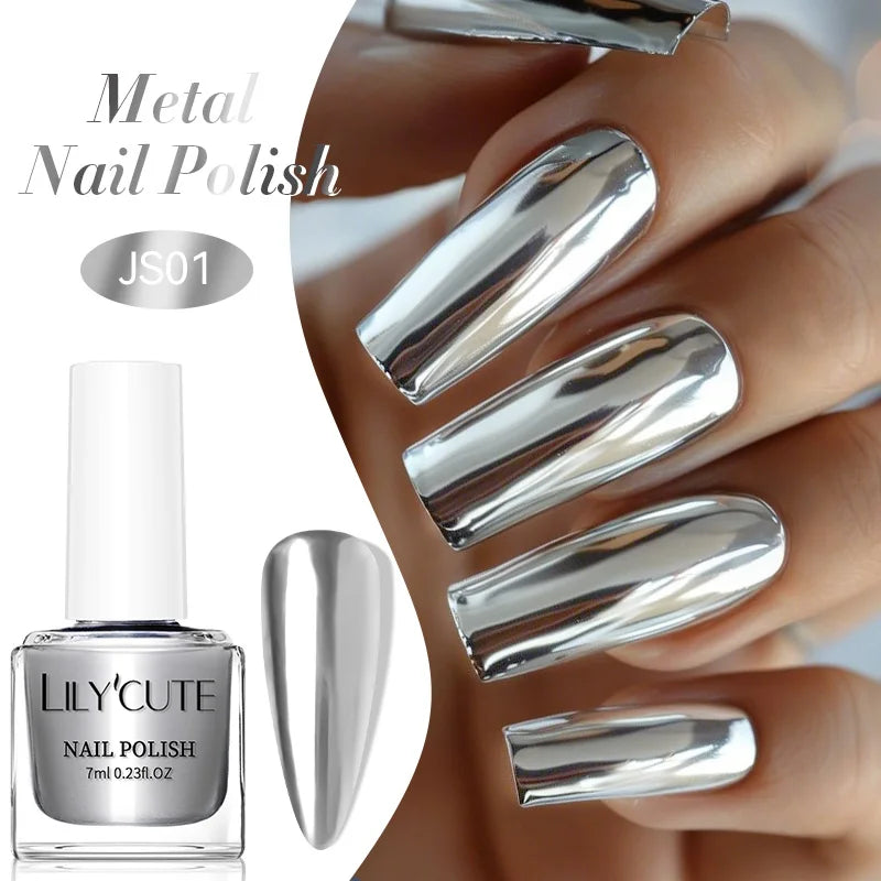 LILYCUTE 7ml Mirror Silver Metallic Nail Polish Super Bright Metal Effect Nail Art Varnish Fast Drying No Need Lamp For Manicure