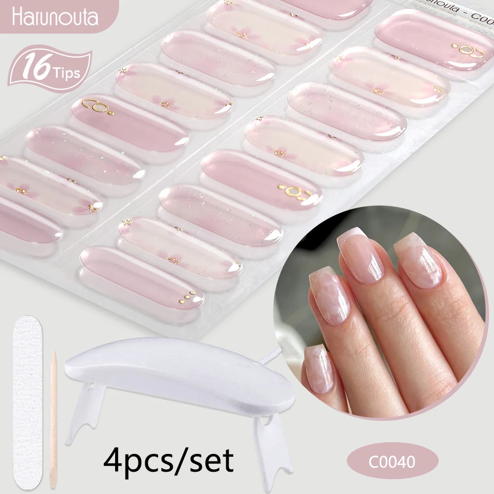 Harunouta 4pcs/set Gradient Jelly Semi Cured Gel Nail Strips with Nail Lamp Nude Pink Waterproof Nail Stickers Long Lasting Wrap