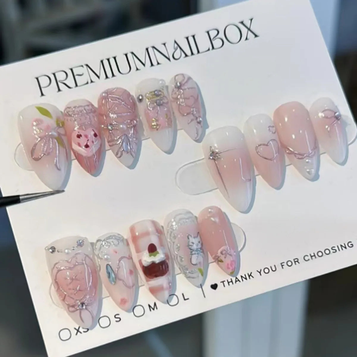 24PCS Wine Red Almond Press on Nails Cartoon Rabbit Bowknot with Plaid Pearl Designs French Fake Nails for Girls Detachable Nail